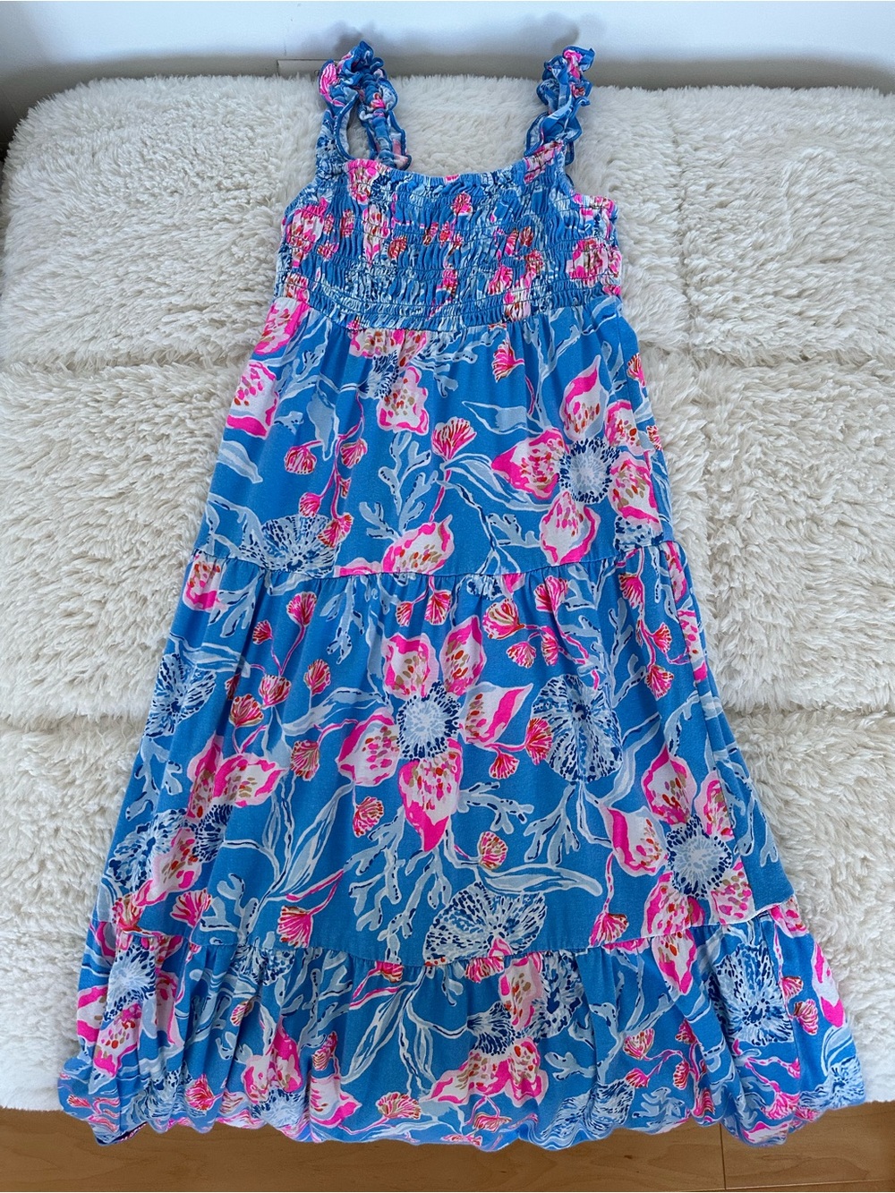 Lilly Pulitzer Girl’s Light Blue Floral Smocked Maxi Dress with Pink Flowers